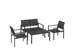 Salon de jardin 4 places noir en métal et hdpe, canapé 2 places, 2 fauteuils et table basse à lattes