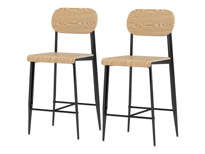  Ensemble de 2 tabourets de bar, chaises de bar avec dossier et structure en métal, bois, marron clair  - Conforama B