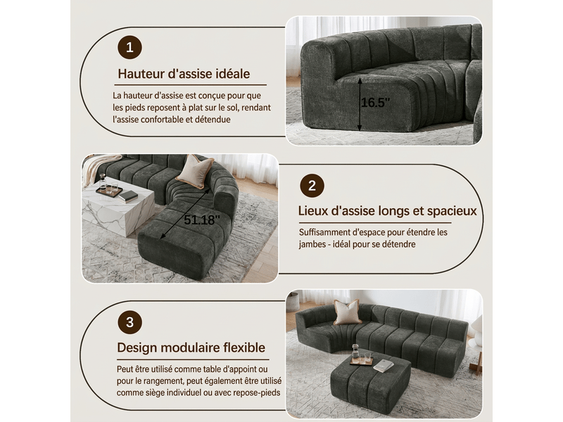 Canapé d'angle modulable 4 places compression - mousse haute résilience chenille noire polyvalente - Conforama R