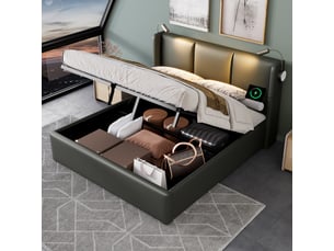 Lit coffre 160x200 cm – lit double avec sommier à lattes et lampe usb, pu, sans matelas, gris