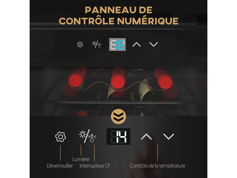  Cave à vin 18 bouteilles 50l haute performance réglable température 5-18° avec lumière led, noir  - Conforama W