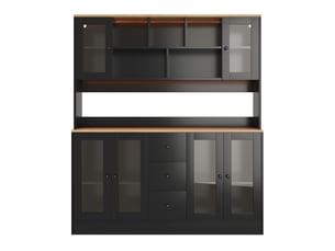 Buffet de cuisine haut 150x40x173 cm, meuble vaisselle avec 6 portes et 3 tiroirs, grand rangement cuisine noir et bois naturel
