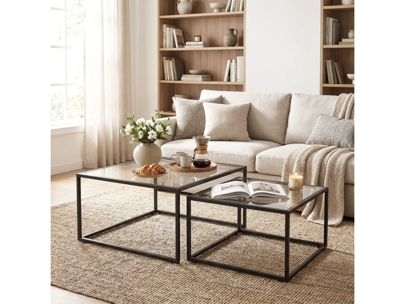  Tables basses gigognes avec 2 plateaux en verre trempé et pieds réglables, structure métal noir pour salon  - Conforama C