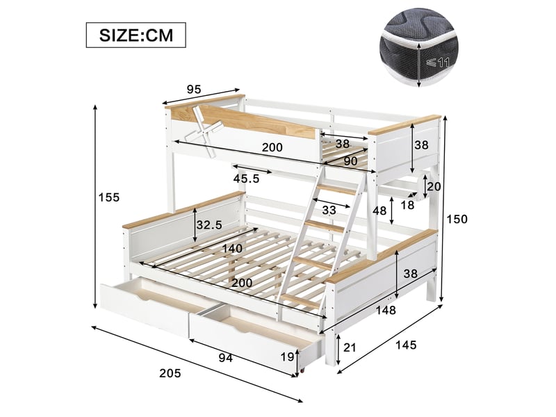  Lit superposé design moulin à vent, avec étagères, lit enfant, barrière de sécurité contrastée, échelle inclinée à quatre marches et tiroirs, pin et mdf, blanc et naturel, 90 x 200 cm et 140 x 200 cm  - Conforama C