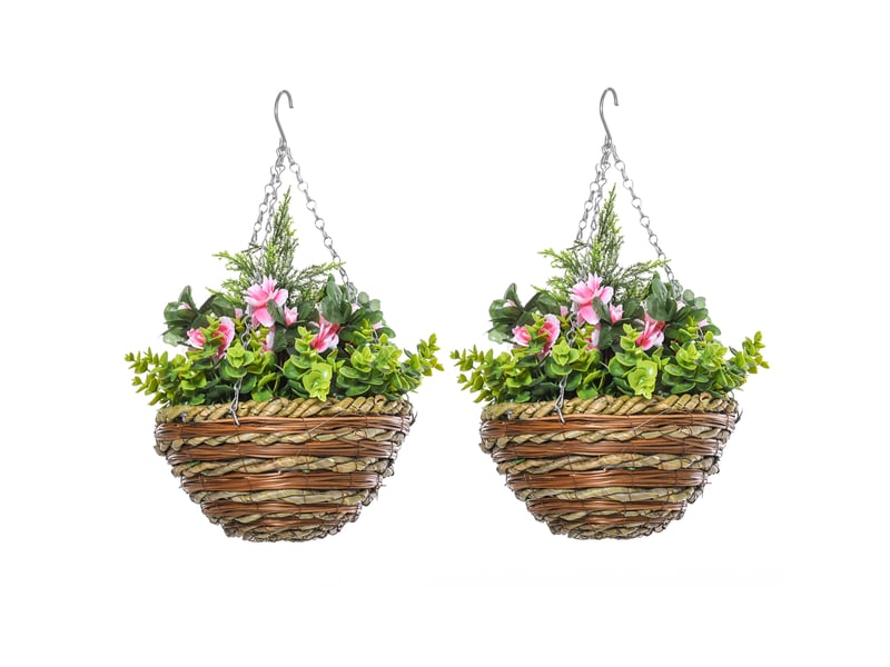  Lot de 2 lisianthus artificiels avec pot et crochet, plantes artificielles en pe et osier, ø 25 x 34 cm, vert et rose  - Conforama B