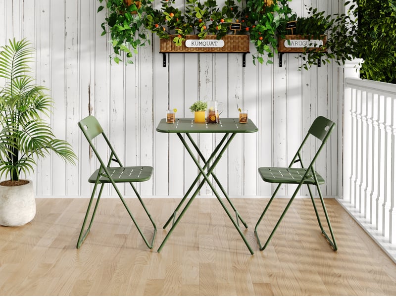  Salon de jardin pliant 3 pièces, table 60 x 60 cm et 2 chaises vertes en acier avec revêtement e coating  - Conforama B
