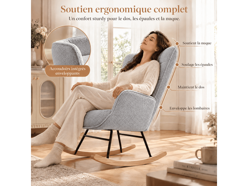  Fauteuil à bascule, rocking chair, tissu teddy peluche, chaise à bascule scandinave, fauteuil allaitement, pour chambre d' enfant salon balcon, gris clair  - Conforama D