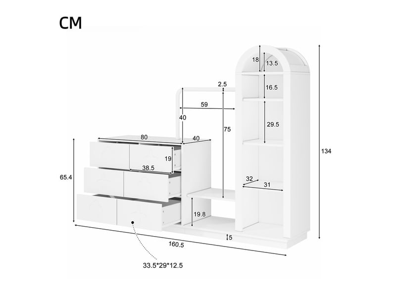  Commode 6 tiroirs avec tringle à vêtements, étagère ouverte, grand espace de rangement pour chambre, 160,5 x 40 x 134 cm, blanc  - Conforama C