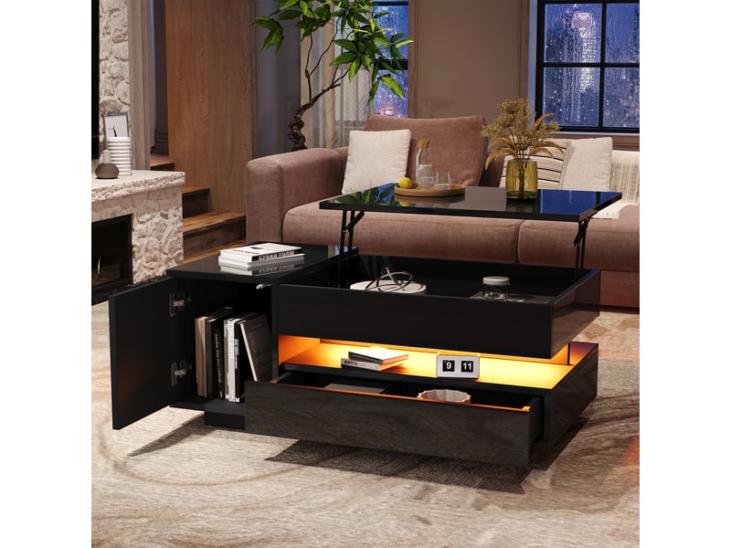  Table basse relevable noire avec rangement caché, table basse led brillante, 95x50x40 cm  - Conforama C