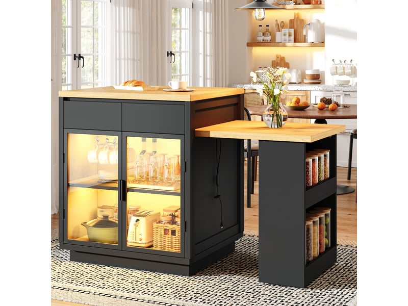  Îlot de cuisine extensible 122–194×70×94 cm table à manger 4 personnes avec led plan de travail 2 tiroirs 2 portes étagères, noir  - Conforama D