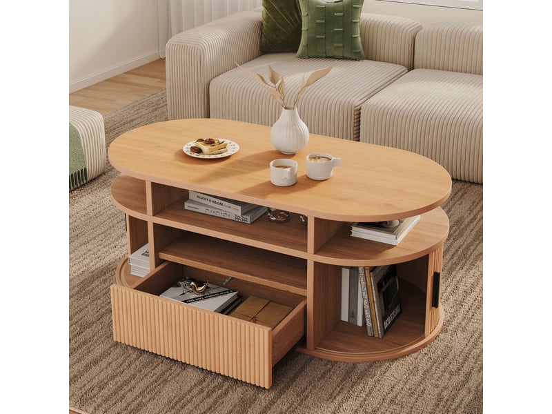  Table basse ovale 100 cm avec rangements, 1 tiroir à pression, 2 portes à rideau, niches ouvertes, mdf et panneaux de particules, décor bois clair Luxe haut de gamme - Conforama E