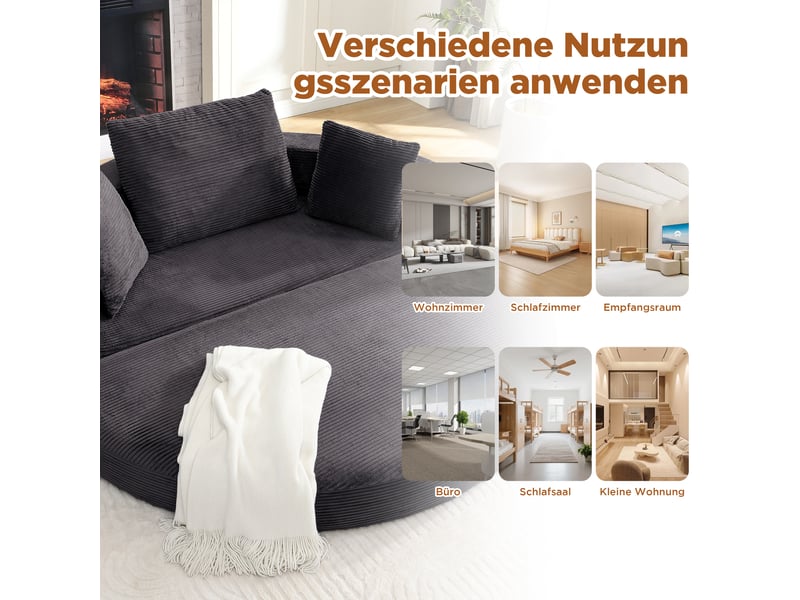  Canapé convertible 2 places en velours côtelé, 2-en-1, lit ovale 173×176 cm, sans montage, 3 coussins inclus  - Conforama R