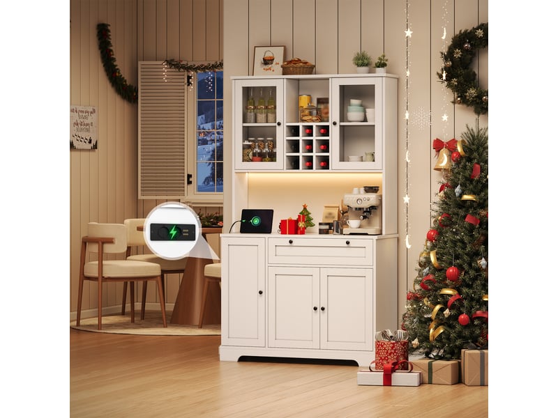  Vitrine de cuisine haute avec led et prise, armoire de rangement avec range-épices et étagères réglables, buffet vaisselier, 180 × 105 × 40 cm, blanc CARDUME ESTIVAL - Conforama D