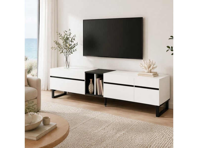  Meuble tv avec abattant, 2 portes et niche pour salon 180×38×45 cm en panneaux de particules blanc  - Conforama B