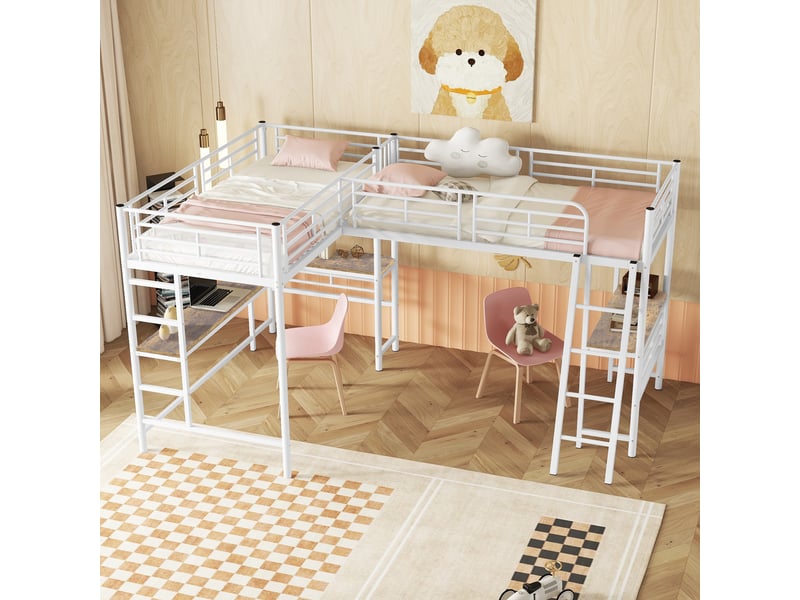  Lit mezzanine enfant 90×200 cm avec bureau dessous et escalier double  - sans matelas, métal et mdf - blanc  - Conforama C