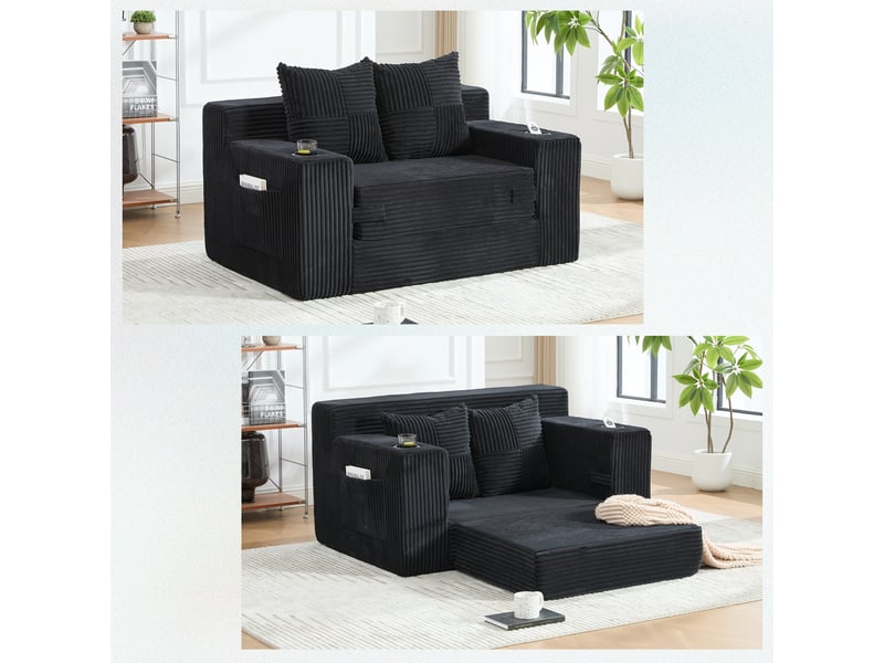  Canapé droit 2 places en velours côtelé noir avec poches latérales, 151 cm Fay Lum - Conforama B