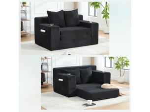 Canapé droit 2 places en velours côtelé noir avec poches latérales, 151 cm