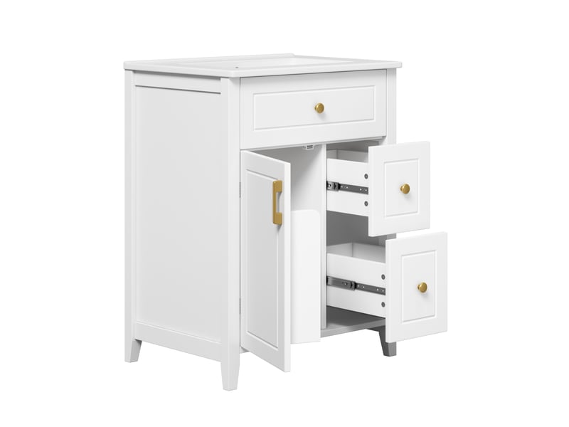 Meuble vasque salle de bain blanc 61 cm avec lavabo céramique, poignées dorées et tiroirs - Conforama D