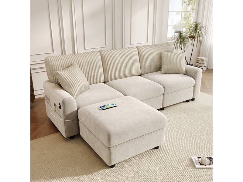 Canapé d'angle moderne 223x146x84 cm en chenille velours côtelé - repose-pieds 2 coussins ports usb type-c - beige BUYDEEMEUS - Conforama B