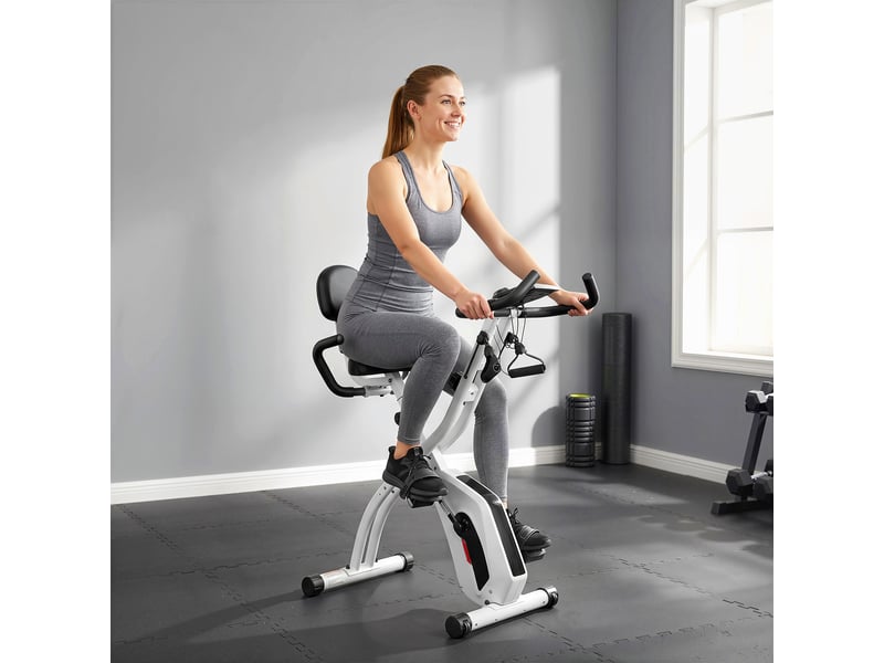  Vélo d'appartement pliable vélo de fitness 3 en 1 silencieux connecté kinomap bluetooth et zwift 105x53,5x109cm blanc  - Conforama C