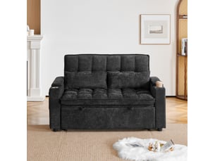 Canapé-lit 3-en-1 142x89x89 cm convertible, 2 porte-gobelets, 2 coussins lombaires, rangements, chenille, noir