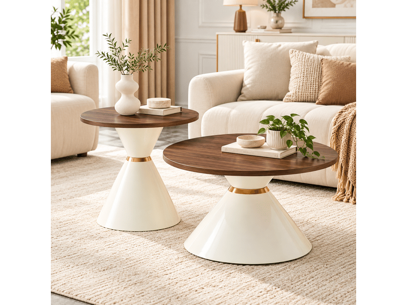 Table basse ø 50 cm aspect noyer table de salon lot de 2 pièces plateaux ronds structure en métal finition crème blanche accents dorés - Conforama B