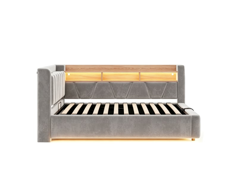  Lit banquette coffre 90 × 200 cm en velours gris, led et usb IKSETERA TRADING LTD - Conforama W