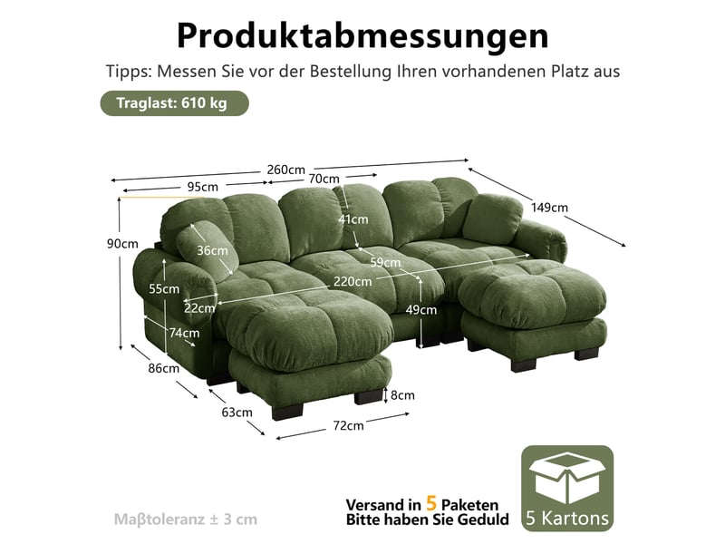 Canapé modulable 3 places 260 cm canapé droit en tissu chenille avec 2 pouf mobile, design matelassé, coussins épais, dossier ergonomique, vert Seren Glow - Conforama C