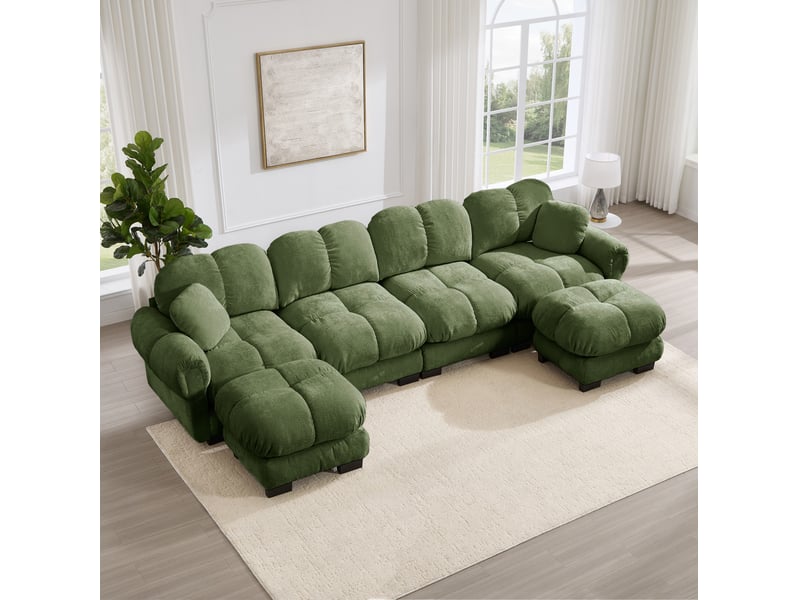  Canapé d'angle panoramique u 4 places 330x149x90 cm, ergonomique, dossier, déplaçables, 2 poufs, modulaire, revêtement en chenille, vert  - Conforama D