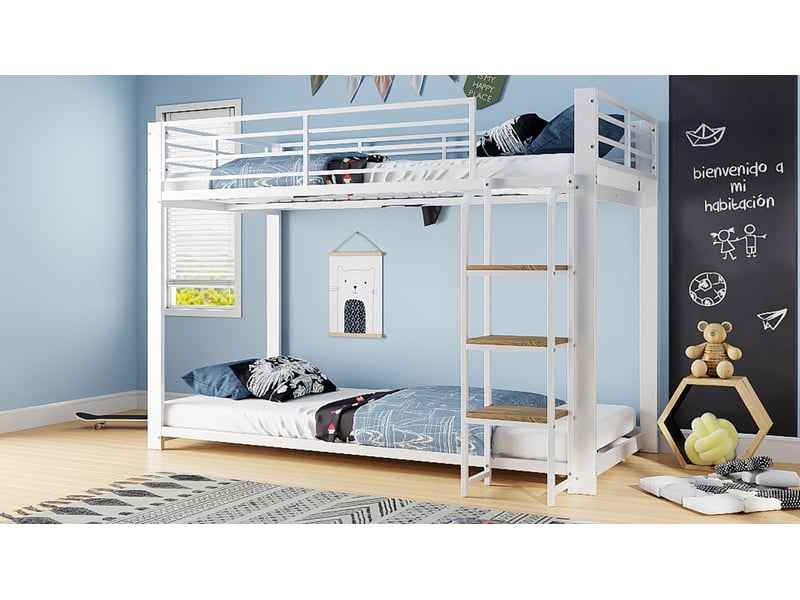  Lit superposé enfant 2 places 90×200 cm avec échelle et étagères - okmyhome- blanc et noyer, sans matelas  - Conforama E