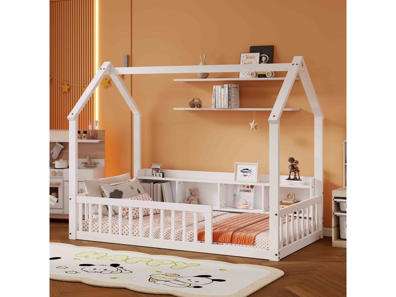  Lit au sol enfant 90x200 cm en bois en forme de maison avec 4 niches, barrières de sécurité et ouverture d'accès - blanc  - Conforama D