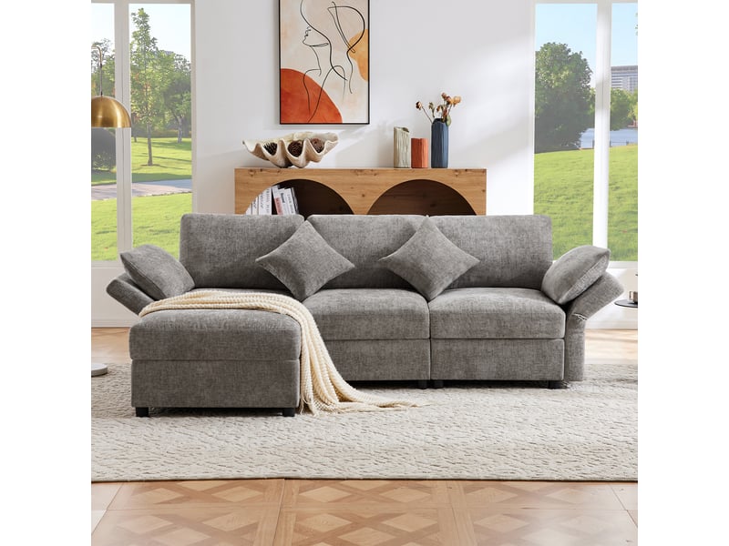 Canapé d'angle, canapé convertible, 3 places, en tissu chenille, gris, adapté à l'espace de vie, avec pouf - Conforama D