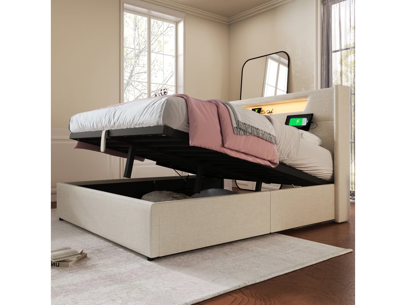  Lit coffre ulevr 160x200 cm avec led et usb type-c, lit double rembourré en tissu lin beige avec sommier à lattes  - Conforama D