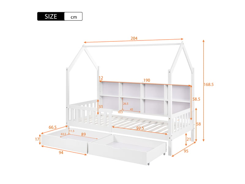  Lit cabane enfant 90x200 avec tiroirs et bibliothèque - bois massif blanc  - Conforama C