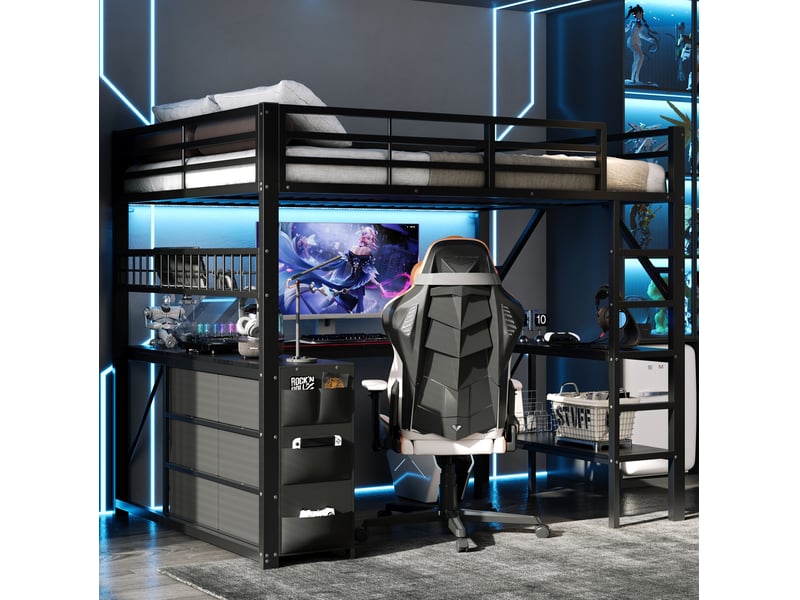  Lit mezzanine 140 × 200 cm avec bureau, rangements, étagères et éclairage led en métal noir, chambre enfant  - Conforama B