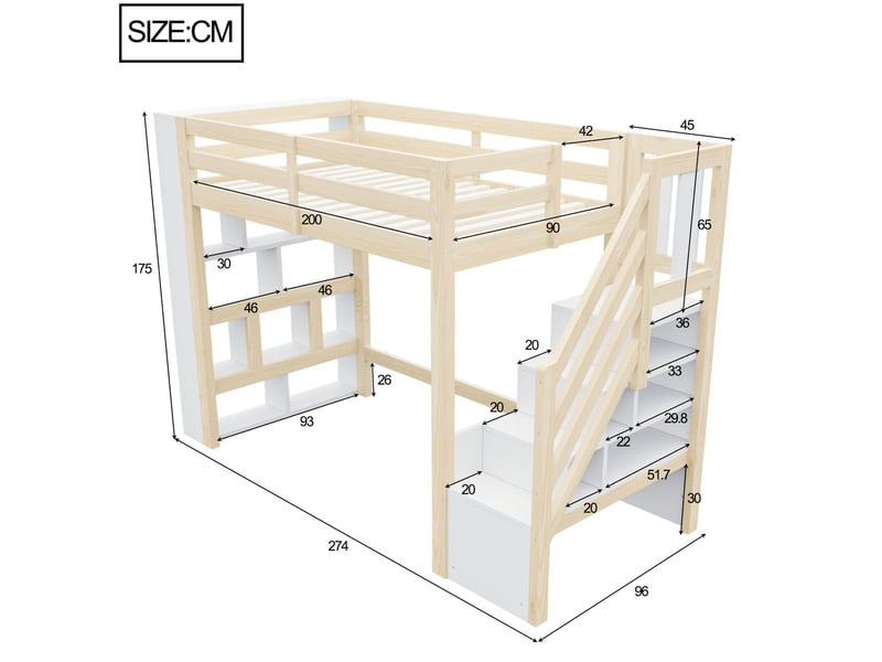  Lit mezzanine 90x200 cm blanc et coloris bois naturel avec rangements et led  - Conforama C