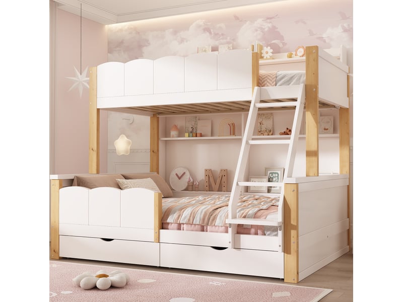  Lit superposé 90x200+140x200 cm avec rangements coloris blanc et chêne  - Conforama B