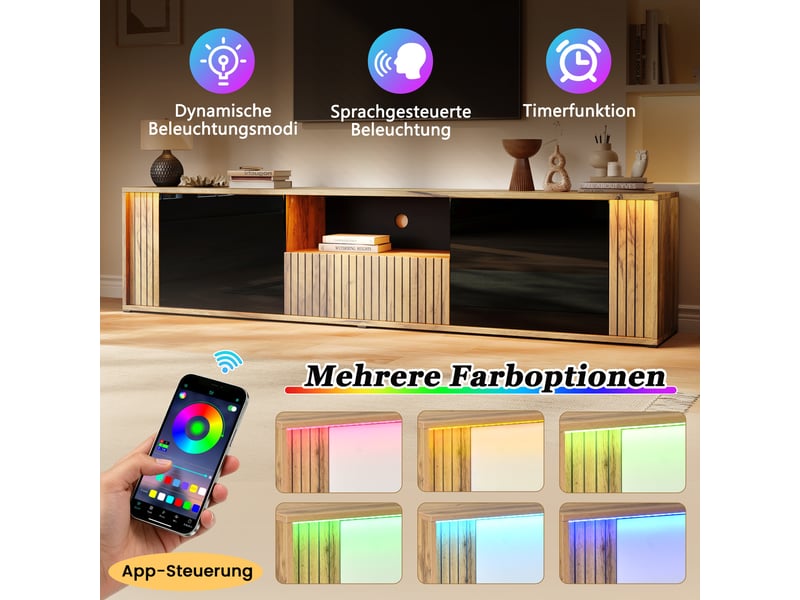  Meuble tv, avec éclairage led, rangement, aspect bois, 2 portes, 1 tiroir, noir‑bois, 180x40x51 cm  - Conforama B