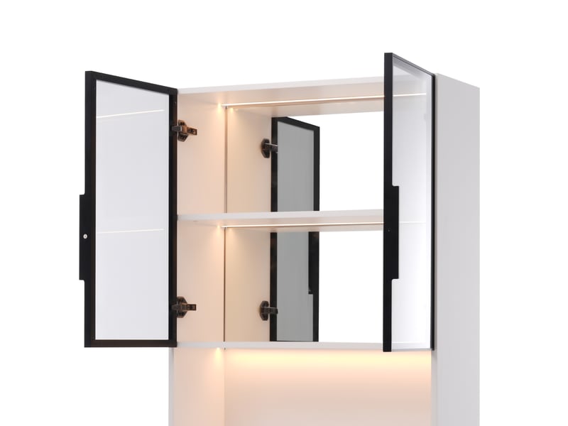 Vitrine 70x30x170 cm en mdf et verre trempé gris, led intégrée, fond miroir et portes vitrées, meuble d'exposition - blanc - Conforama D