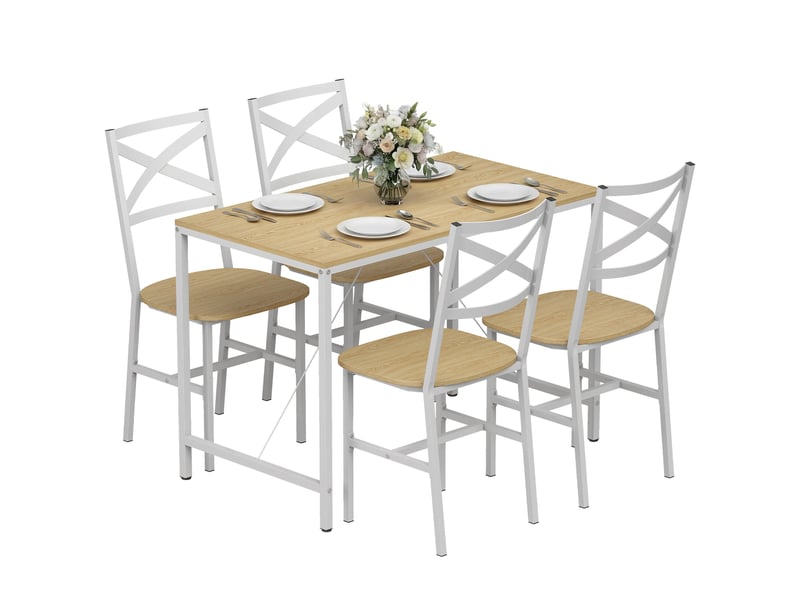  Ensemble table salle à manger avec 4 chaises, table de cuisine avec chaises pour 4 personnes, bois naturel et blanc  - Conforama A