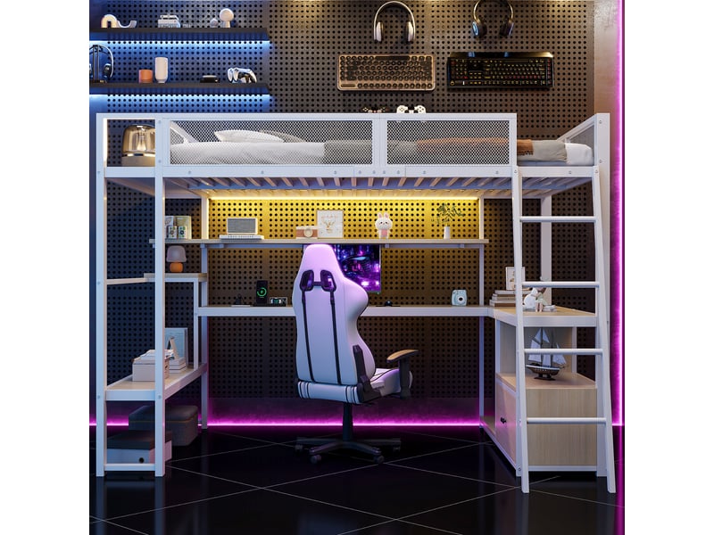  Lit mezzanine 140x200 cm coloris blanc led métal lit enfant blanc - Conforama B
