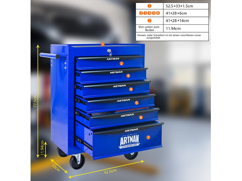 Armoire à outils mobile 60 x 33 x 77,5 cm noir et bleu, acier, 6 tiroirs avec serrure à clé et roulettes freinées - Conforama C