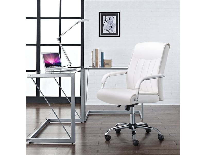 Chaise De Bureau Blanche FURNISH - Dossier Et Assise Rembourrés - Hauteur Réglable 37-49 Cm - Pivotante 360° - Sans Roulettes, Pieds Caoutchouc - Charge Max 120 Kg - 13