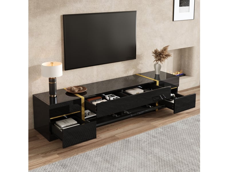 Meuble tv bas 180x40x38 cm avec 4 tiroirs et 2 portes, armoire de rangement, meuble de salon, style moderne, mdf noir  - Conforama W