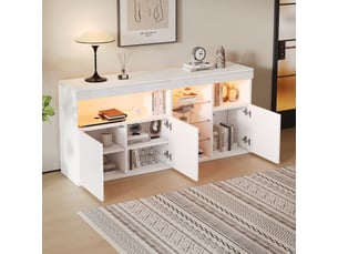 Buffet salon blanc laqué avec led 155 cm - 3 portes et étagères en verre - meuble de rangement moderne