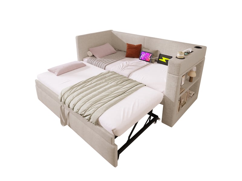  Lit banquette gigogne 90x200 cm avec lit, accoudoirs avec usb et type-c, porte-gobelet, tissu lin mélangé - beige Morn Vibe - Conforama A