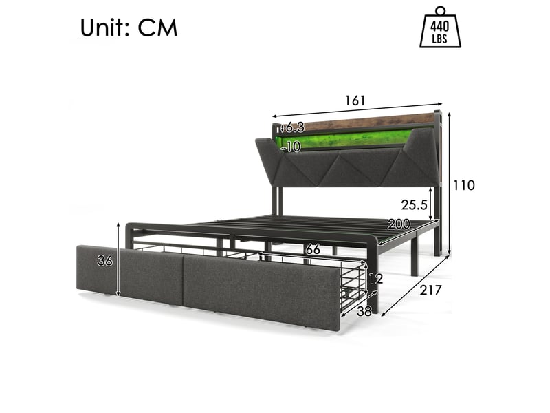 Lit double 160 x 200 cm gris avec matelas, led, ports usbusb-c, rangements et tiroirs - Conforama E