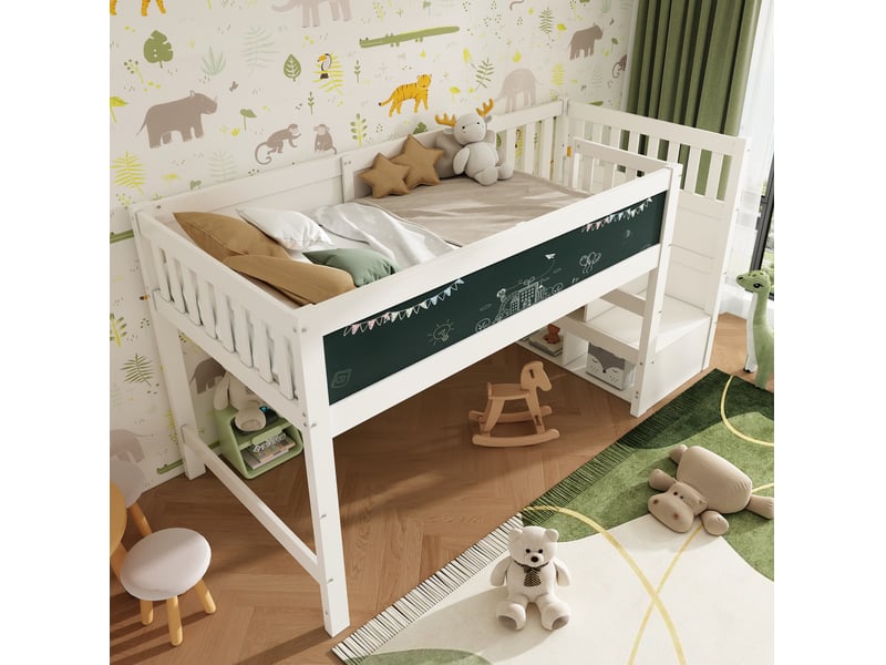  Lit mezzanine enfant blanc 90 x 200 cm avec escalier de rangement et tableau  - Conforama D