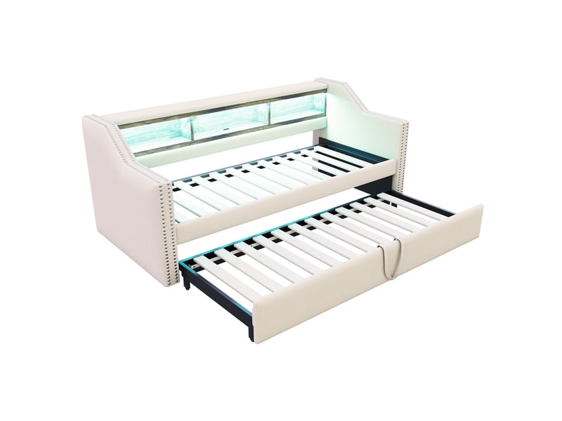  Sofa-lit capitonné 90180 x 190 cm, led et usb, coffre de rangement, sommier à lattes, coloris beige confort  - Conforama A