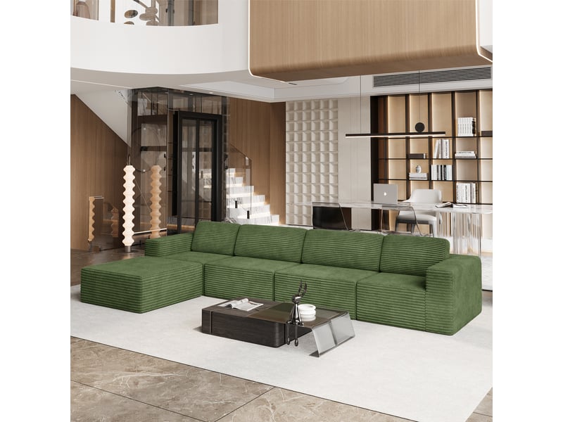 Canapé d'angle 4 places modulaire en velours côtelé avec 1 pouf,canapé compressé,sans assemblage,404x202x82cm,vert 404x202x82CM - Conforama W